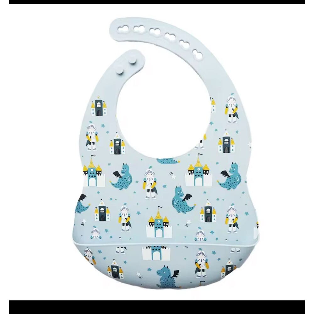 Silicone Bib Knights Castles and Dragons Blue NWOT